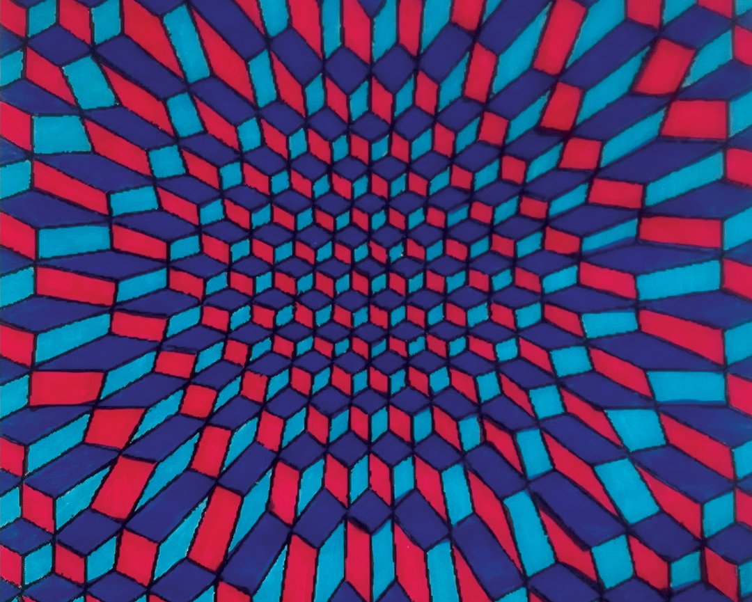 Checked pattern in blue and magenta creating an optical illusion