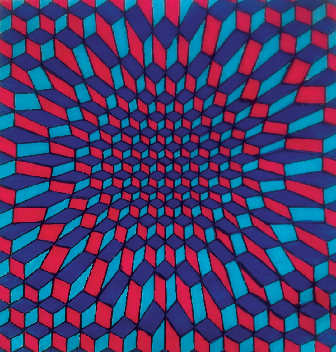 Checked pattern in blue and magenta creating an optical illusion