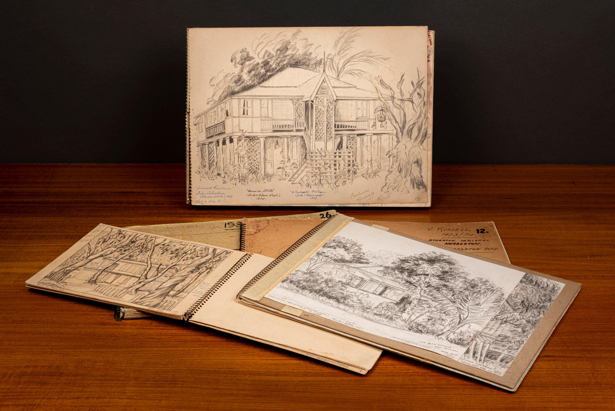 Handdrawn architectural sketches of FNQ home from Val Russell’s Sketchbooks.
