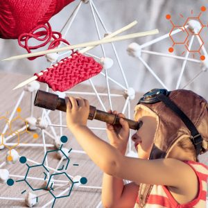 school holiday program tile with knitting yarn and chopsticks, boy looking through telescope